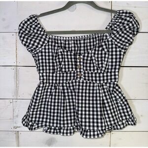 Shein Black And White Plaid Ruched Short Cropped Top Blouse Size XS